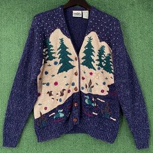VTG 90’s Nature Scene Ducks Squirrels Embroidered Cardigan Sweater Women Medium